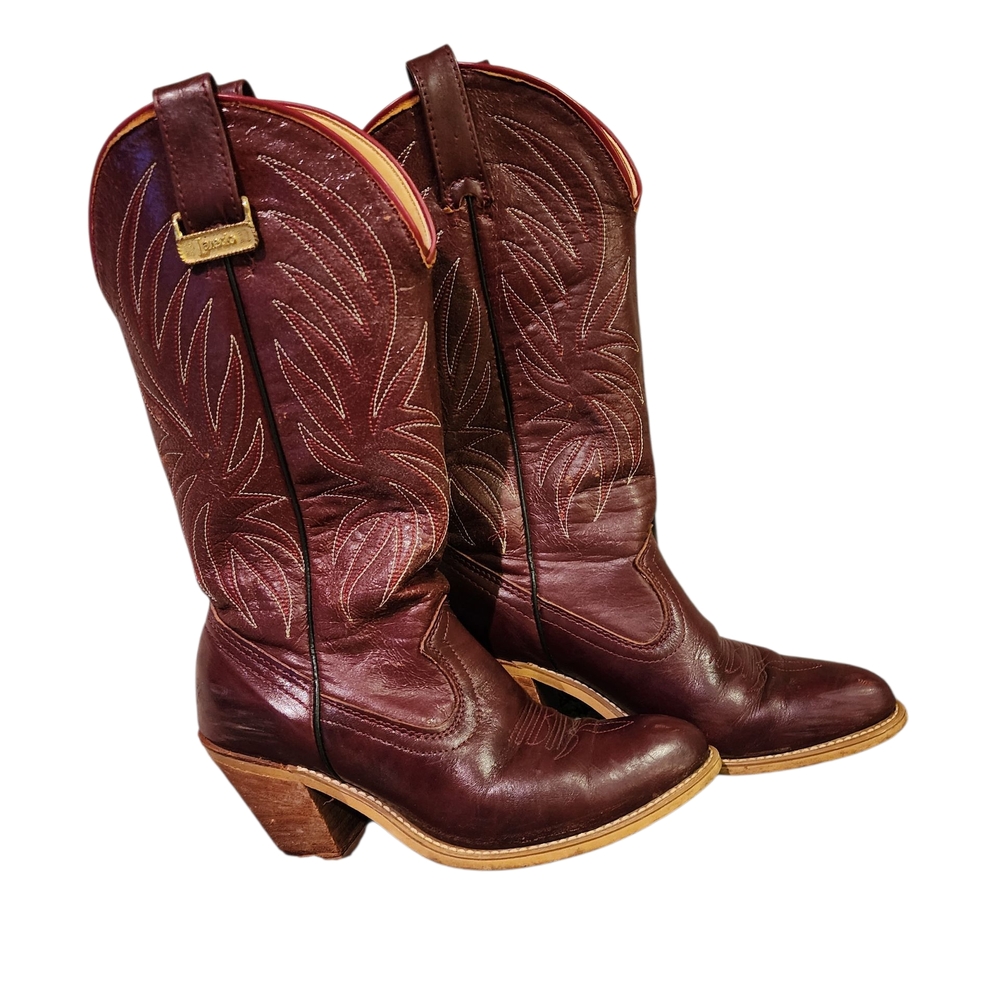 Vintage Womens Laredo Red Leather Cowboy Boots w Embroidered Shaft sz 6-1/2